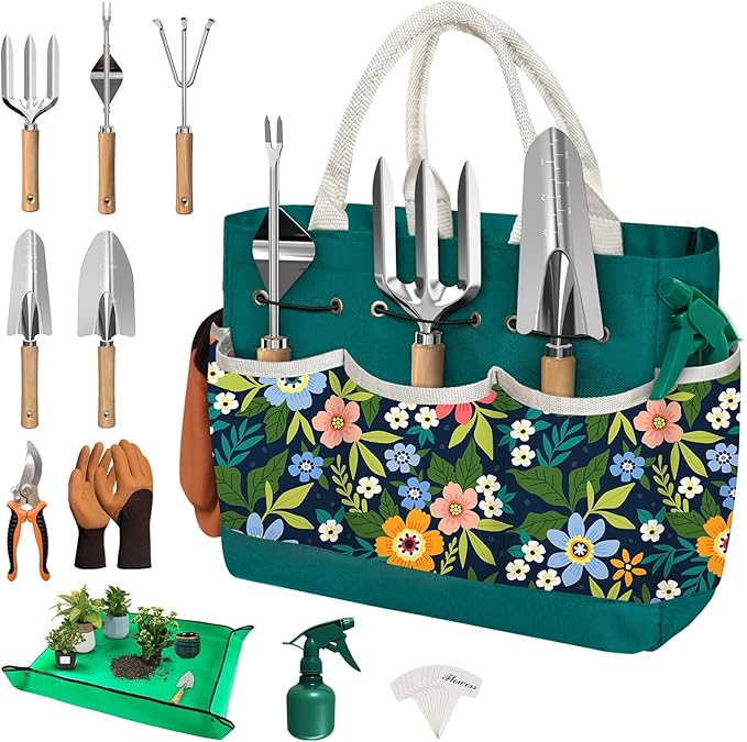 22Pcs Gardening Tools Set for Women Heavy Duty Garden Hand Tools Kit Organizer Gifts for Mom Beginner Gardener Gardening Accessories with Tote Bag/Shovels/Repotting Mat/Plant Labels/Gloves-Dark Green