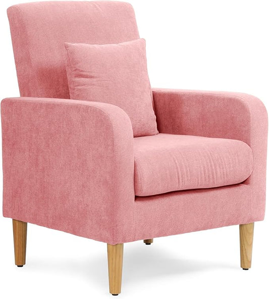Athena Collection Modern Accent Chair with Cushion, Comfy Upholstered Fabric Reading Chair for Adult, Soft Sofa Armchair for Living Room, Bedroom, Dorm, Pink