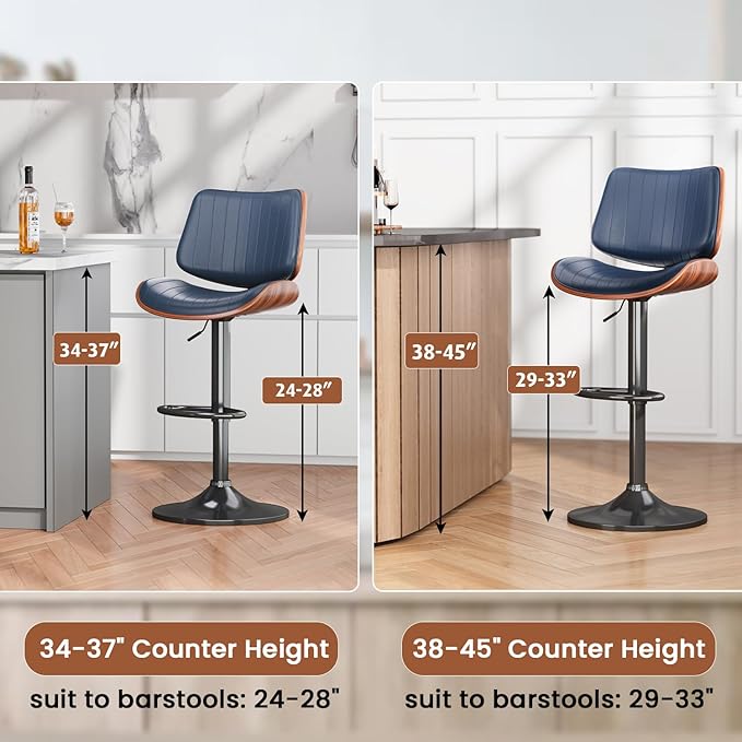 Swivel Bar Stools Set of 3, Adjustable Bentwood Barstools for Kitchen Counter, Modern PU Leather Upholstered Bar Chair with Back and Footrest, for Kitchen Island, Bar, Dining Room, Navy