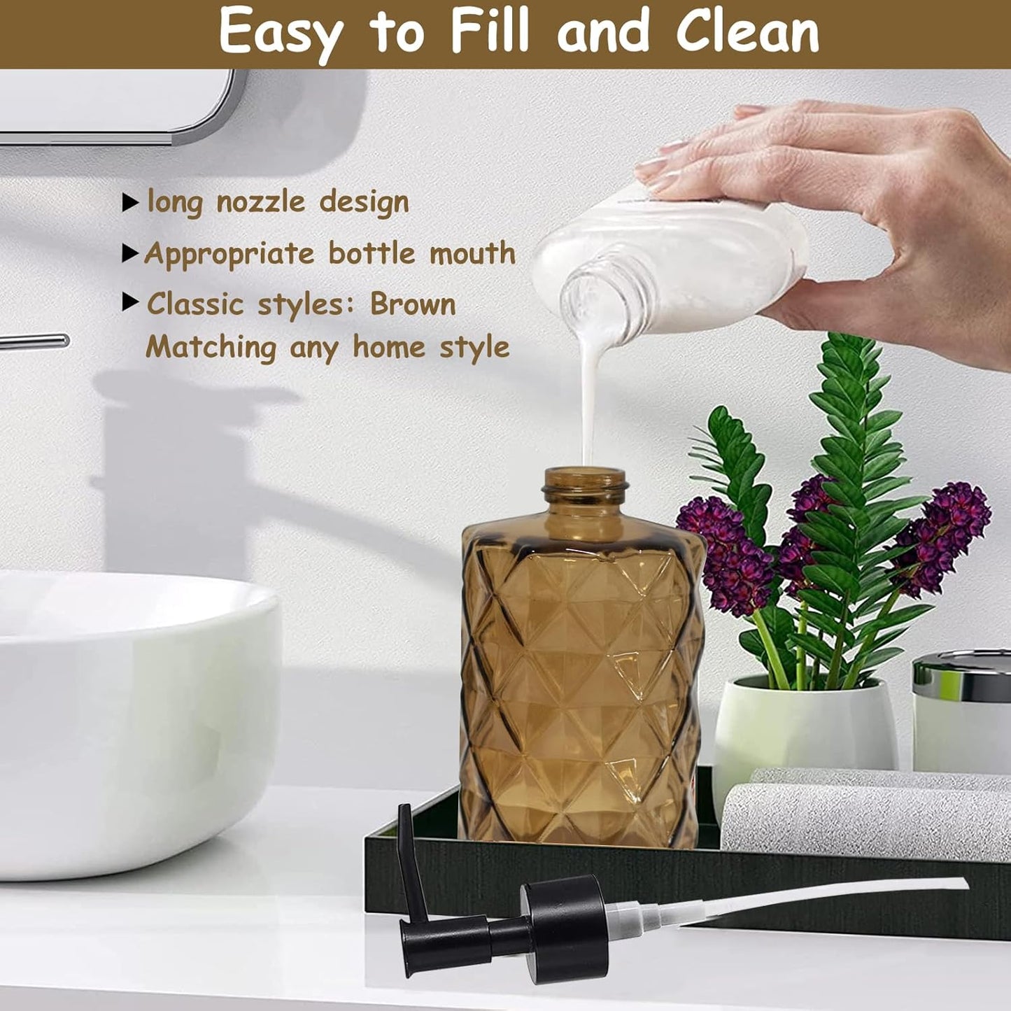 Brown Glass Soap Dispenser with Black Plastic Pump, 12oz Refillable Liquid Hand Soap Dispenser, 2 Pack Crystal Lotion Bottle for Modern Home Decor, Bathroom, Kitchen Countertop, Hotel