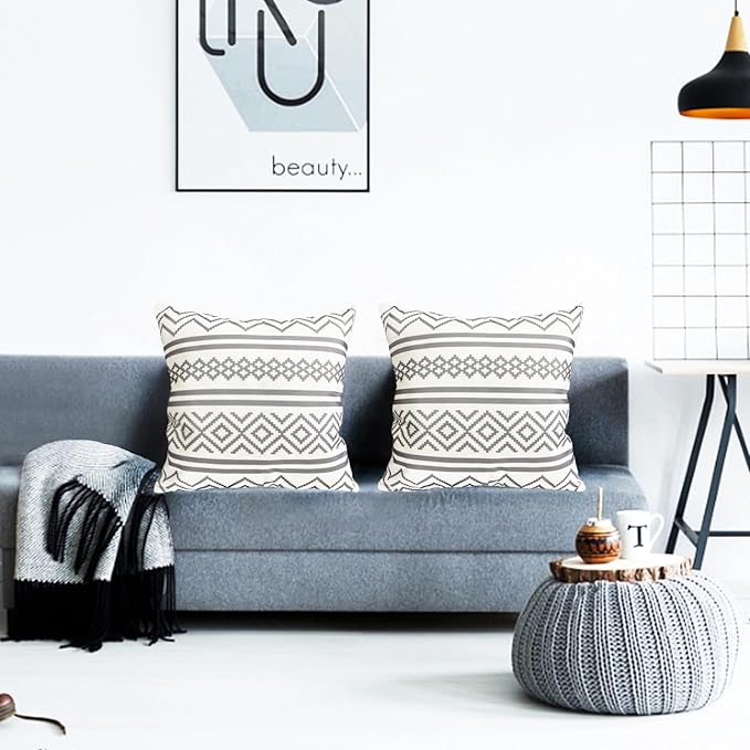 Decorative Throw Pillow Covers Set of 2 Light Gray Boho Pillow Covers 16x16 Inch Throw Pillow Cover Linen Pillowcase Modern Farmhouse Outdoor Pillow Covers for Couch Sofa Bed Living Room