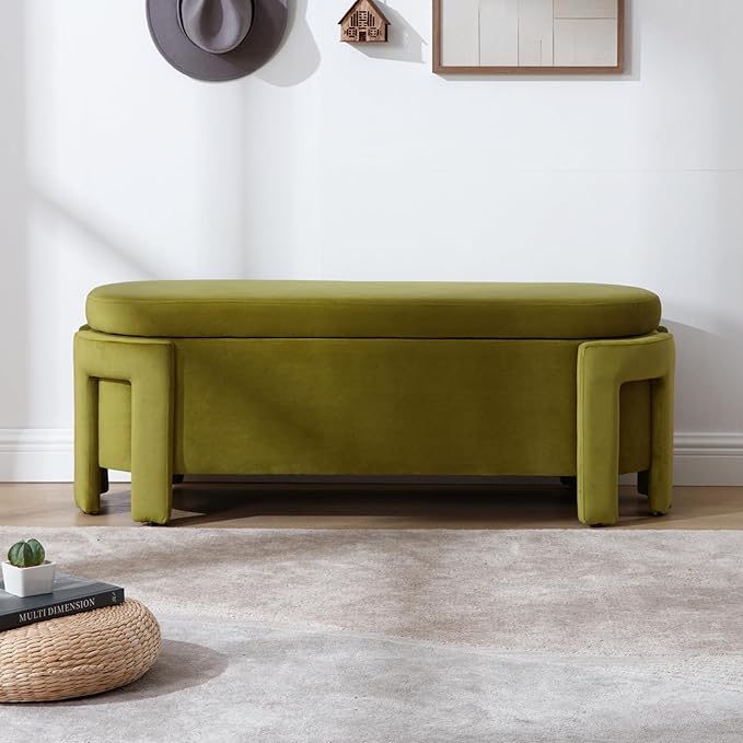 Modern Velvet Ottoman with Storage Entryway Bench for Living Room Comfy Upholstered End of Bed Bench with Safty Hinge for Bedroom/Living Room/Lounge/Corner, Olive
