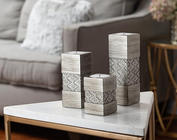 Creative Scents Dublin Silver Tealight Candle Holder Set of 3 - Centerpiece for Living Room and Dining Room Table Decor, Coffee Table Decor, Ideal for Fireplace, Entrance or Bathroom