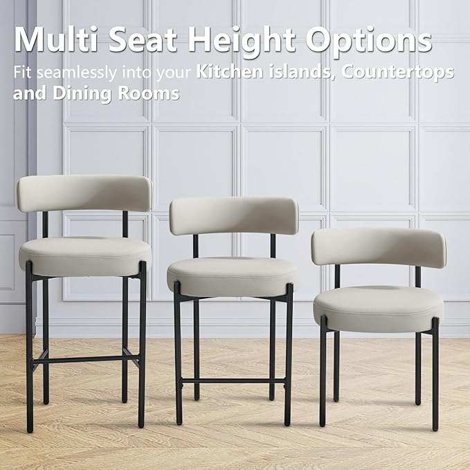 24'' Faux Leather Bar Stools Set of 2, Counter Height Bar Stools with Backs, Upholstered Counter Chairs for Kitchen Counter (Vegan Leather, Grey)