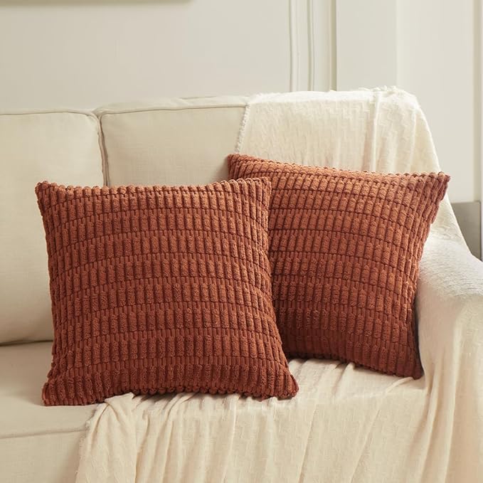 Fancy Homi 2 Packs Rust Decorative Throw Pillow Covers 20x20 Inch for Living Room Couch Bed Sofa, Soft Striped Corduroy Square Cushion Case 50x50 cm, Terracotta Rustic Farmhouse Boho Home Decor