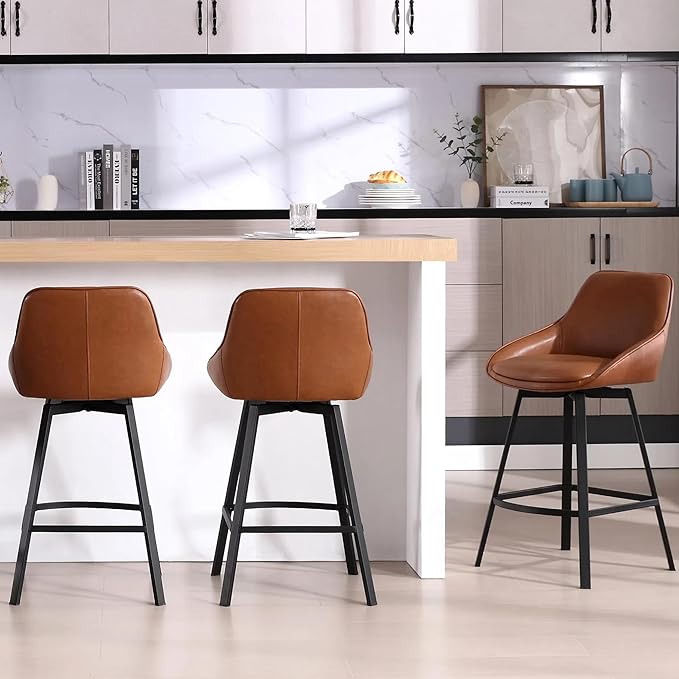 Zesthouse Swivel Counter Height Stools Set of 3, Modern Upholstered Barstools with Backs, 26'' Faux Leather High Chairs for Island Kitchen, Counter Height Chairs with Metal Legs, Brown