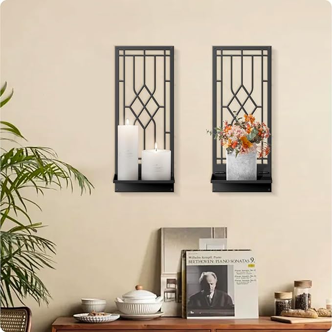 Wall Sconces Candle, Black Metal Wall Decor, Retro Wall Candle Holder for Living Room, Dining Room, Bedroom, Bathroom (2 Pack, 16.5 x 7 in)