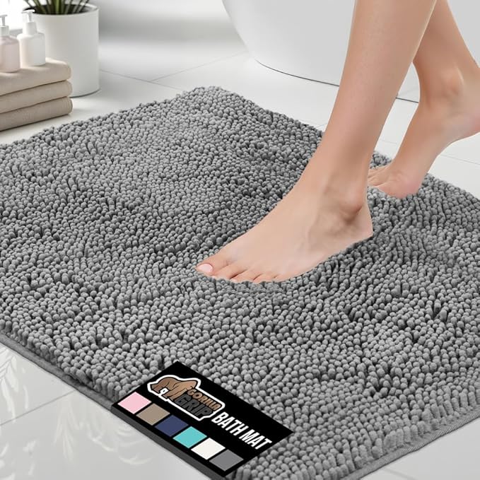 GORILLA GRIP Bath Rug Mat 48x17, Thick Soft Absorbent Chenille, Quick Dry Microfiber Mats, Rubber Backing Washable Shower Floor Rugs, Bathmat Runner, US Designed Bathroom Home Decor Accessories Grey