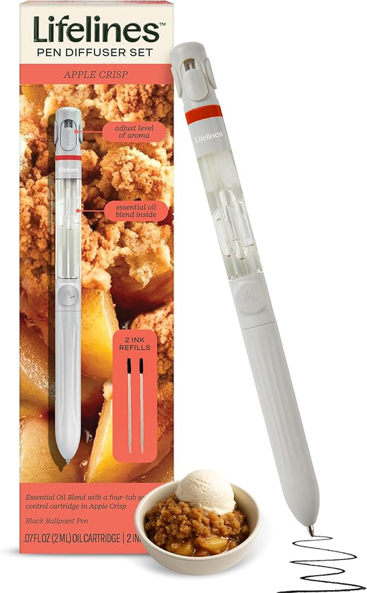 Lifelines Pen Diffuser Set, Apple Crisp - 1mm Black Ballpoint Pen with Scented Essential Oil Blend & 2 Ink Refills – Aromatherapy Diffuser & Sensory Immersion Diffuse Aroma As You Write