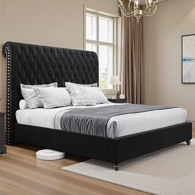 Jocisland King Size Bed Frame with 53" Tall Headboard, Velvet Upholstered Platform Sleign Bed with Button Tufted, Solid Wood Legs, No Box Spring Needed, Easy Assembly, Black
