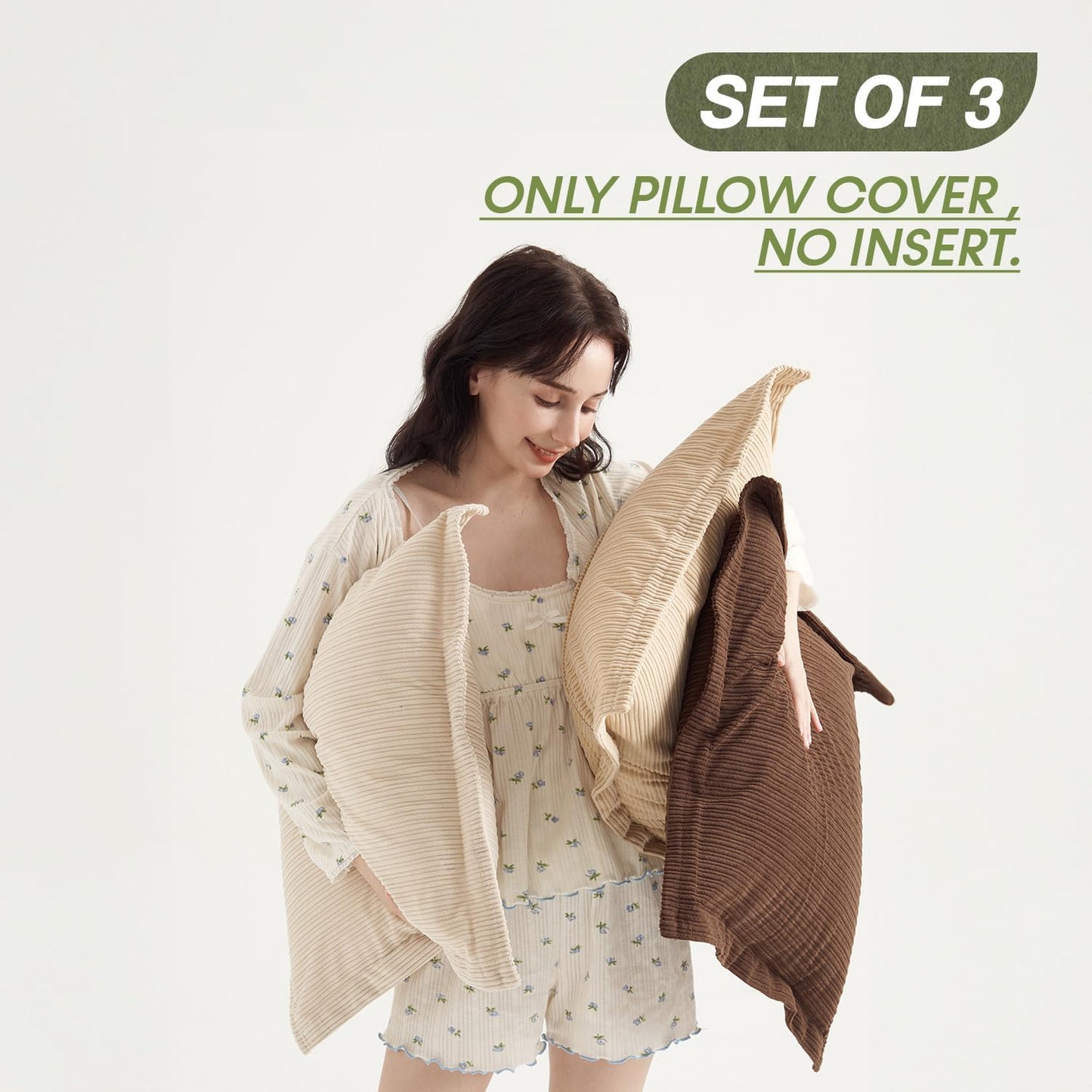 Pack of 3 Boho Vintage Accent Throw Pillow Covers 18x18inch, Soft Corduroy with Stripes Pillow Covers Pillowcases Farmhouse Home Decor for Living Room Bedroom (Deep Brown, Beige & Camel)