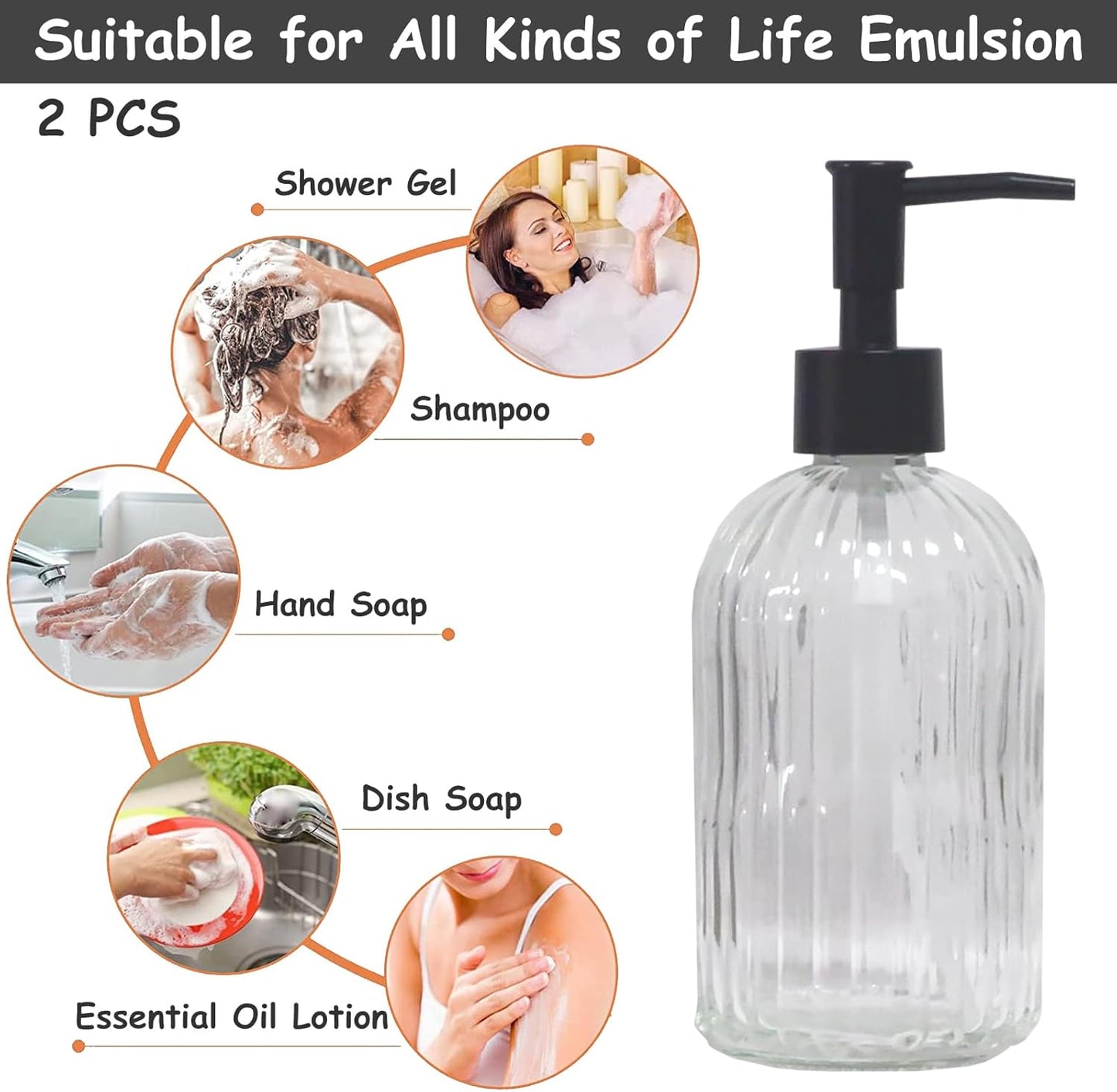 Clear Glass Soap Dispenser with Pump, 2 Pack 13.5oz Bathroom Soap Dispenser with Vertical Stripe for Hand Wash and Dish Wash, Elegant Refillable Hand Dispenser for Dishwashing Liquid, Lotion