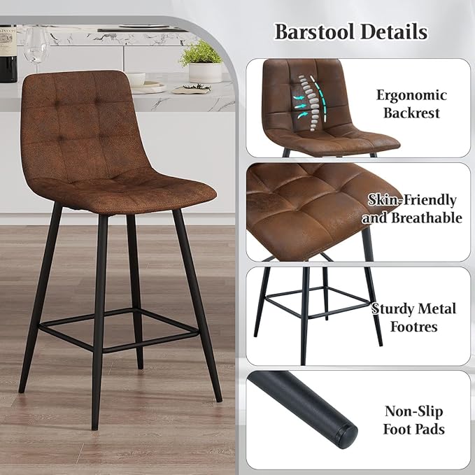 Brown Barstools Set of 4, 24.4" Counter Height Bar Stools with Back & Metal Footrest, Modern Island Chairs Set of 4 for Kitchens Island Home Bar