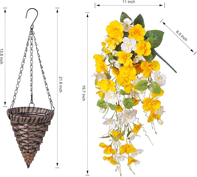 Artificial Fake Fall Hanging Flower Plants Basket for Outdoors Decoration, Faux Silk Hibiscus Long Vines in Planter UV Resistant Realistic Flowers for Outside Patio Porch Home Decor (YellowWhite)