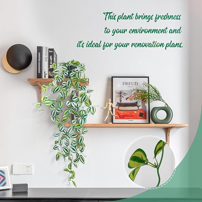 LOYWREE 3 Pack Fake Hanging Plants - Small Potted Plants with Green Eyebrow-Leaf Trailing Vines, Indoor Outdoor Aesthetic Decor for Office, Living Room Shelf & Home Accent (Black Pot)