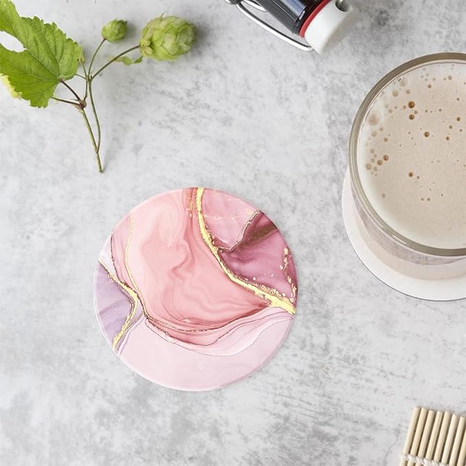 Drink Coasters Set of 4 with Holder Round Water Absorbent Pink Cute Marble Ceramic Coasters Tabletop Protection, Suitable for Various Mugs, Home Decor，Housewarming Gift, 4 Inch