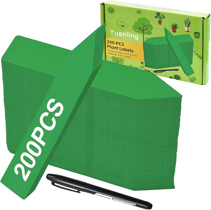 Plant Labels 200 Pcs Yuanling for Seeding Plastic Waterproof Plant Name Tags Garden Labels Marker Garden Pots Stakes for Outdoor Potted Plants Belt Permanent Marking Pen (Green)