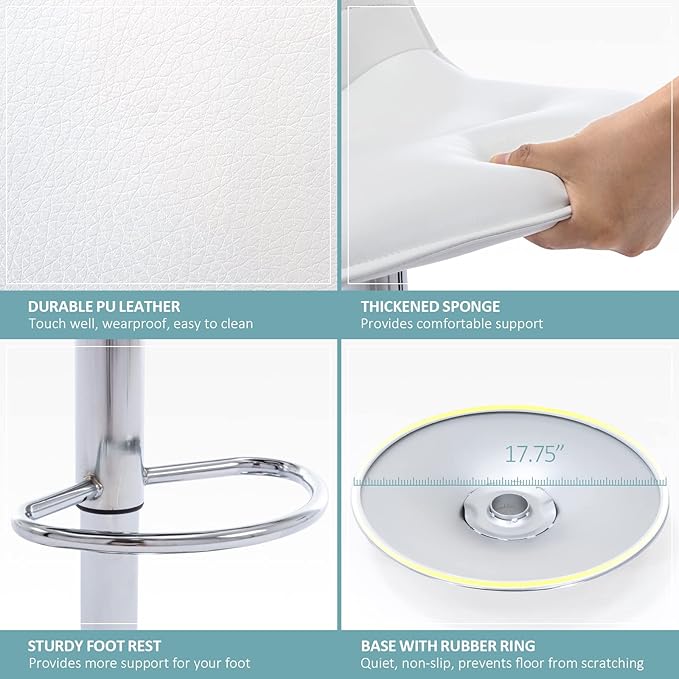 Brage Living Adjustable Bar Stools Set of 2, Modern PU Leather Swivel Counter Height Barstools with Back, Armless Airlift Curved Bar Chairs for Kitchen Dining Cafe (Pearl White)