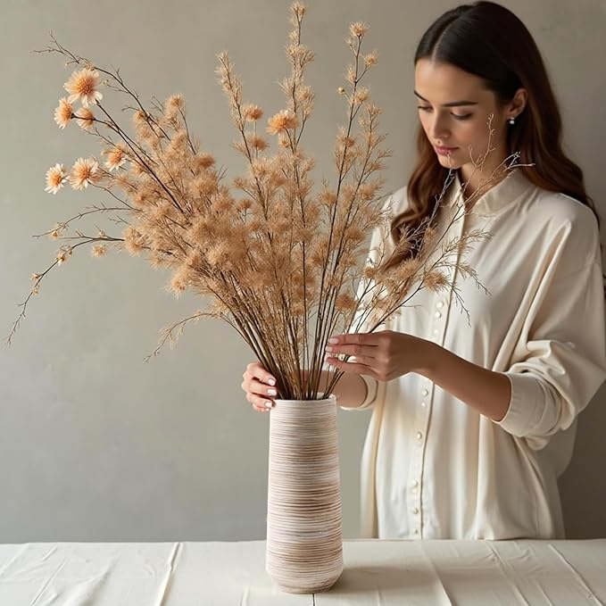 ALMA 9 Inch White Ceramic Vase for Dried Flower Bouquet, Small Cream Pampas Grass Vase for Home Decor, Beige Rustic Vase for Tabletop Centerpieces, Bookshelf, Mantle, Living Room