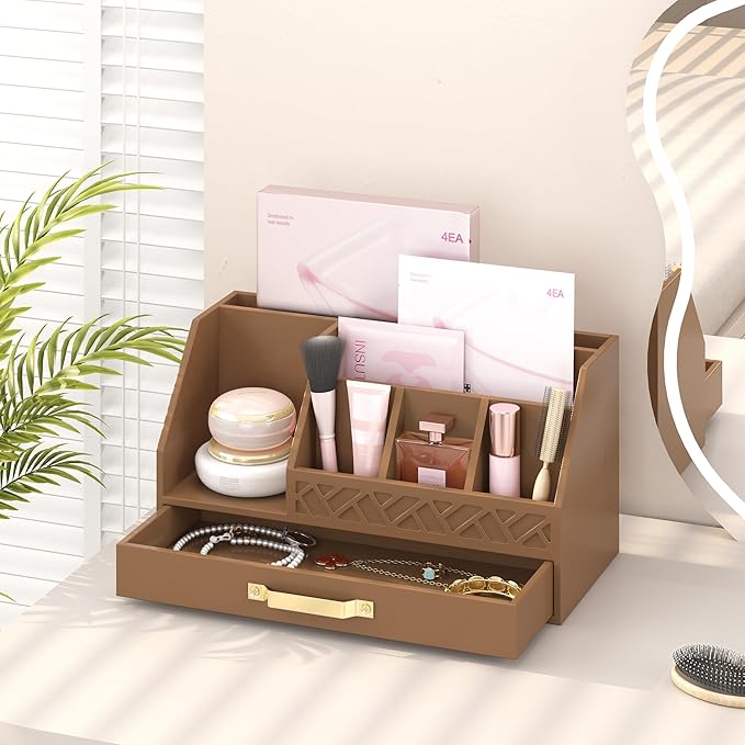 Bamboo Desk Organizer with Drawers, Mail Organizer Countertop Wood Desk Drawer Tabletop Storage Organization Pen Holder Letter Sorter Makeup Organizer for School Home Office (Brown)