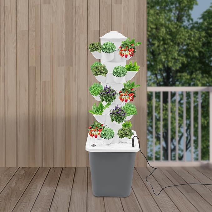 Hydroponics Growing System, 25-Plants Hydroponic Growing Kit Indoor Vertical Tower System Kit with Water Pump & Plug Nursery Germination Kit for Gardening Lover (Grey)