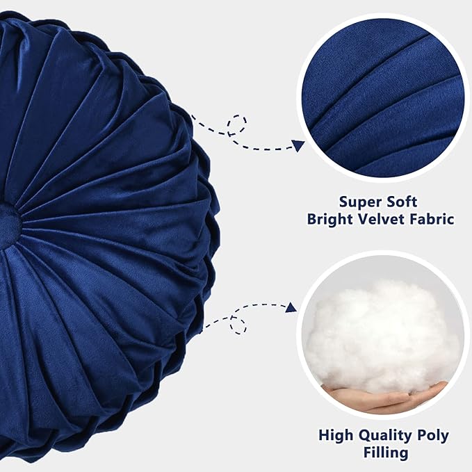 HIG Set of 2 Decorative Round Pleated Throw Pillows, Classy Accent Pumpkin Throw Pillows with Center Button, Vintage Velvet Floor Pillows for Sofa Couch Vanity Chair Bed, Navy, 14.5" Diameter(Ripple)