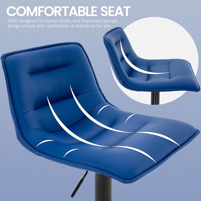 Brage Living Adjustable Bar Stool, Modern PU Leather Swivel Counter Height Barstool with Back, Armless Airlift Curved Bar Chair for Kitchen Dining Cafe, 1 pc (Blue, Black Base)