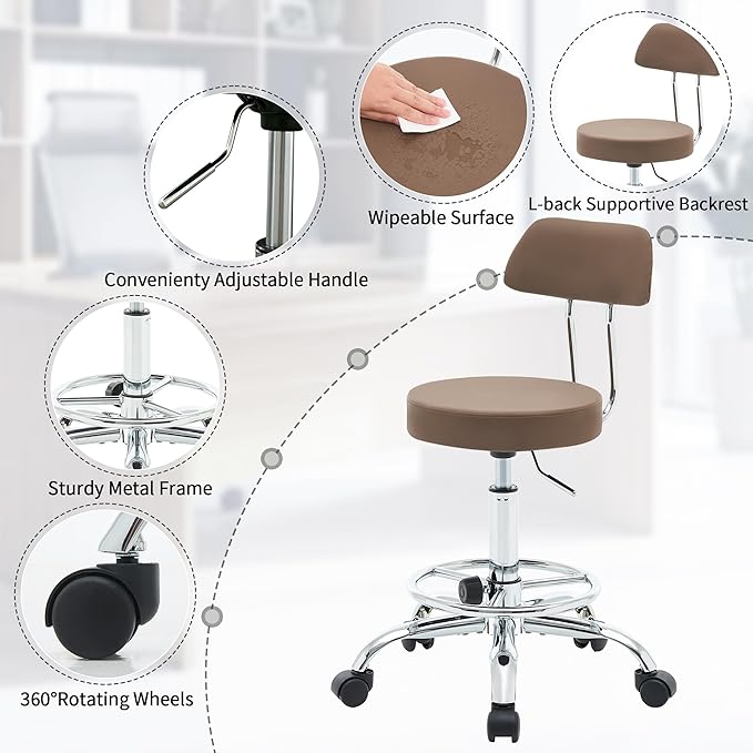 Office Drafting Chair (Rolling Office Stool) (Adjustable Height Footrest Massage Chair 19.5"-26.6") Lab Stool with Back (Coffee Brown)