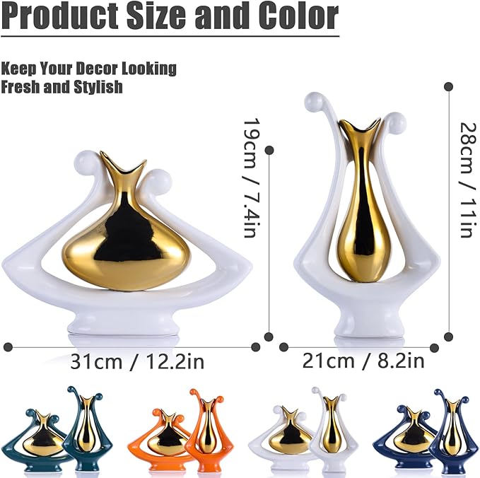 White Gold Abstract Art Ceramic Vases for Home Décor Accent,Nordic Modern Minimalist Vases for Flowers,Shelf,Table Centerpieces,Bookshelf,Fireplace Mantle,Rustic,Wedding,Mid Century Décor