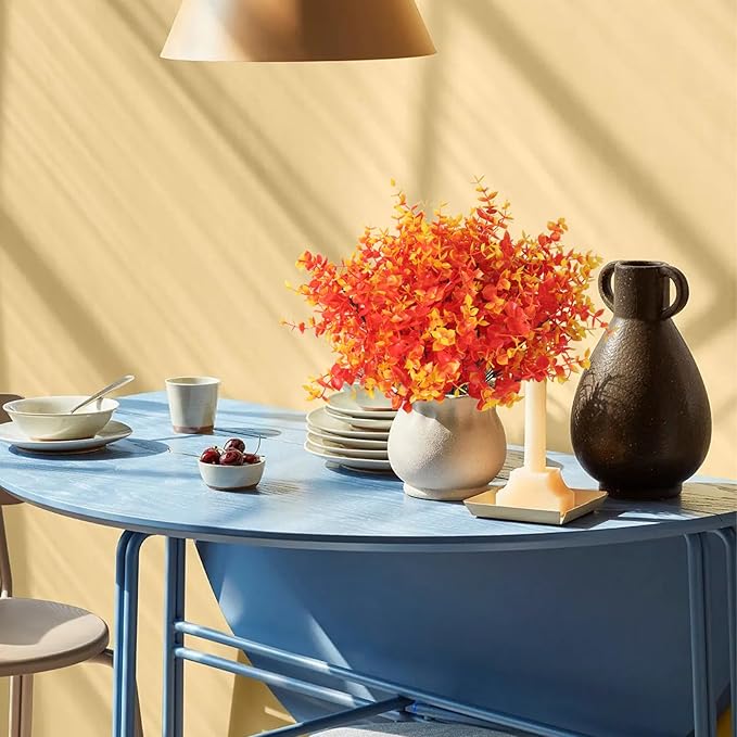 RECUTMS Artificial Outdoor Mums Artificial Eucalyptus Stems Faux Outdoor Boxwoods Faux Flowers for Outside Planters Outdoor Fake Potted Plants Faux Ferns for Outdoor Planter Large(Gold Eucalyptus)