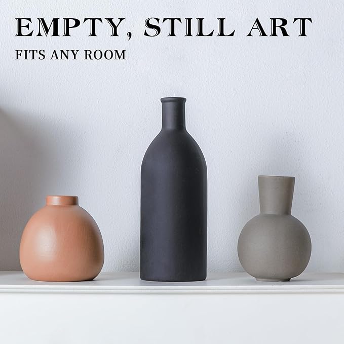 Ceramic Flower Vase Set of 3, Home Decor Vases for Centerpieces, Tulips Flowers Pampas Grass Decor, Boho Rustic Farmhouse Kitchen Bedroom Bathroom Living Room Office Wall Decor Aesthetic -Black