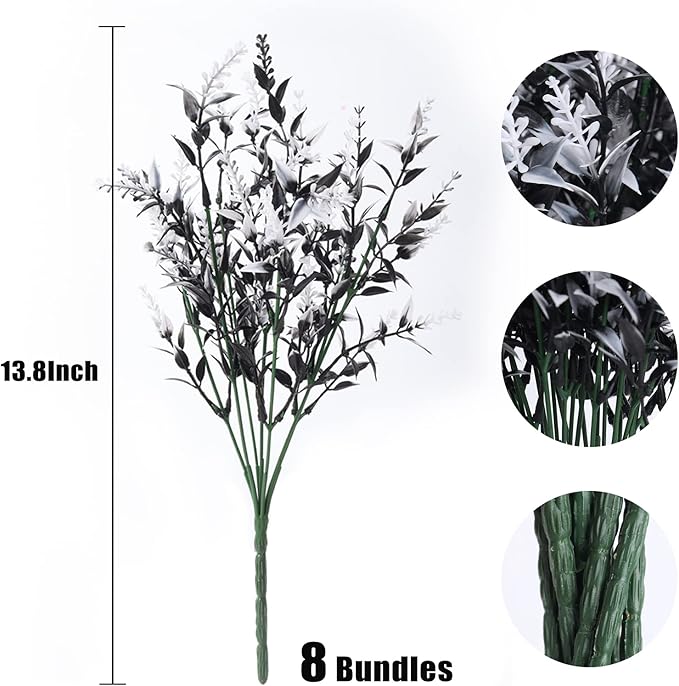 RECUTMS 8 Bundles Artificial Flowers Outdoor UV Resistant Fake Flowers Fake Outside Plants Plastic Outdoor Flowers for No Fade Faux Plastic Plants Garden Porch Window Box Décor(Black+White)