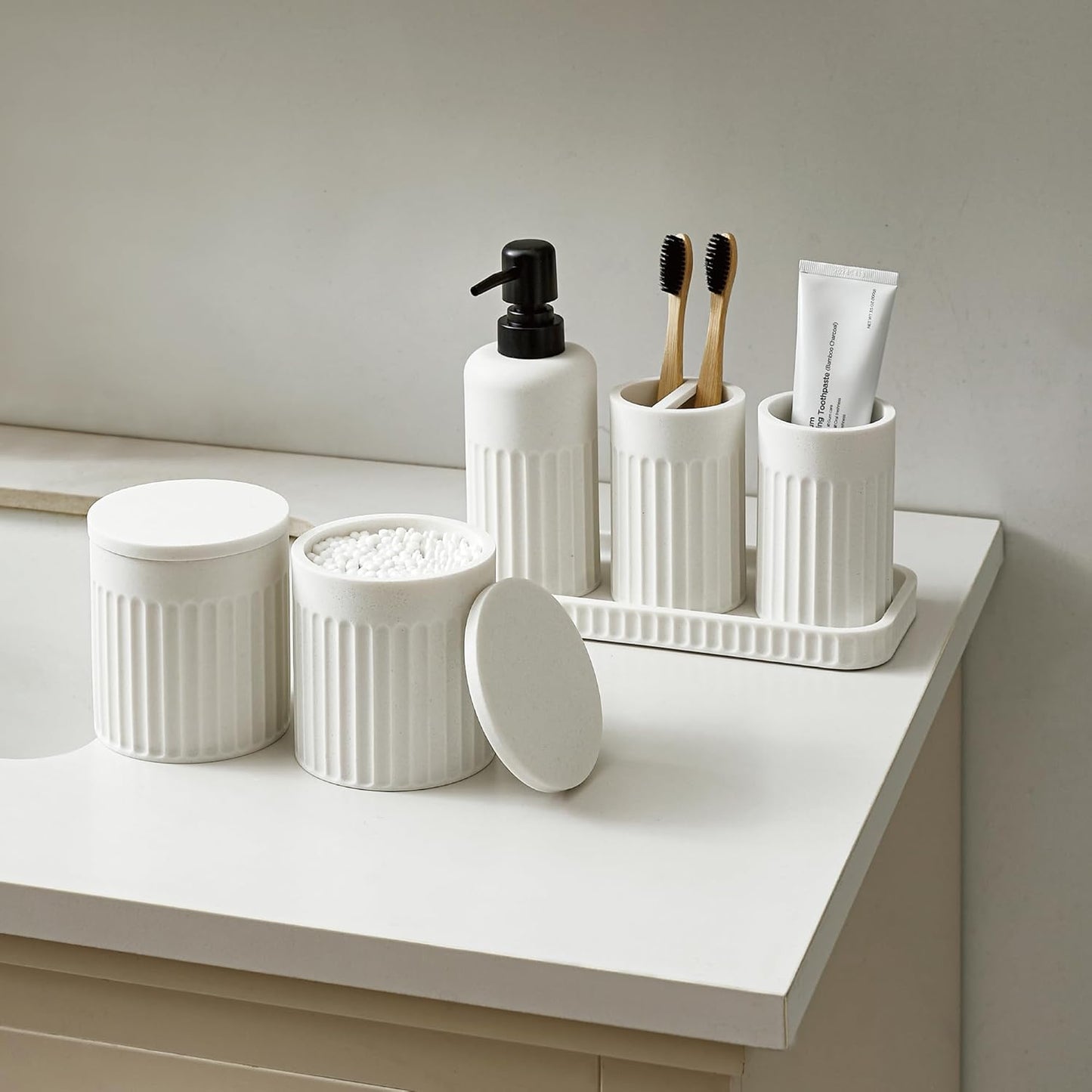 Bathroom Accessory Set - 6 Pieces Bathroom Accessories Set Complete with Soap Dispenser, Toothbrush Holder, Tumbler, Vanity Tray and 2 Qtip Holder for Home Organizer and Decor, White