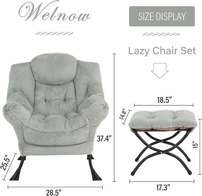 Welnow Lazy Chair with Ottoman, Modern Lounge Accent Chair with Armrests and a Side Pocket, Leisure Sofa Armchair, Reading Armchair with Footrest for Small Space, Plush Green