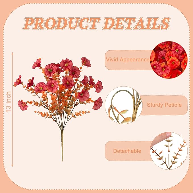 Fall Artificial Flowers for Decoration, 12 Bundles Fake Mums Autumn Flower Plants Petunias, Faux Silk Morning Glory Eucalyptus for Planter Garden Porch Front Door Window Box, Orange Red