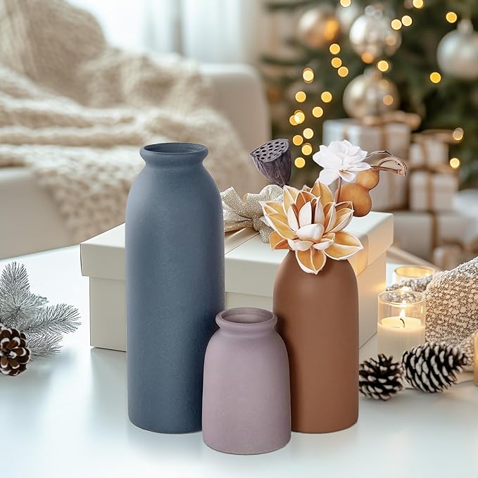 Ceramic Vase Set of 3, Farmhouse Rustic Decorative Vase for Home Decor, Modern Glazed Vase, Table Centerpiece for Living Room, Shelf, Bedroom, Kitchen (Black Purple)