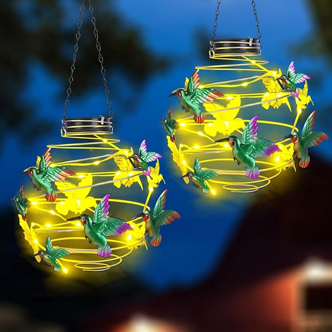 2 Pack Hummingbird Solar Lights Outdoor Hanging Lantern with Handle, Solar Powered Hummingbird Garden Decor for Outside Patio Yard Porch Pathway Butterfly Gifts for Women (Warm White LED Lights)