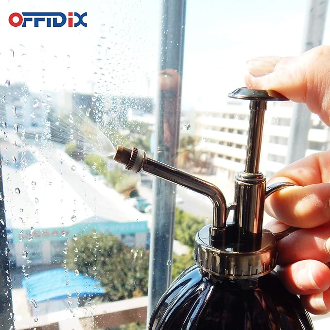 OFFIDIX Plant Mister Flower Watering Can, 6.3" Tall Vintage Pumpkin Style Black Color Glass Spray Bottle & Bronze Plastic Top Pump Ideal for Watering Small Plants Inside Home or Office