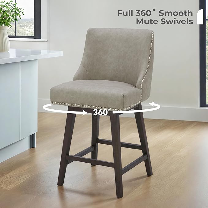 CHITA Counter Height Swivel Bar Stools Set of 4, FSC Certified Upholstered Counter Stools, Modern Swivel Barstools with Wood Legs for Kitchen Island, 26" Seat Height, Faux Leather in Stone Grey