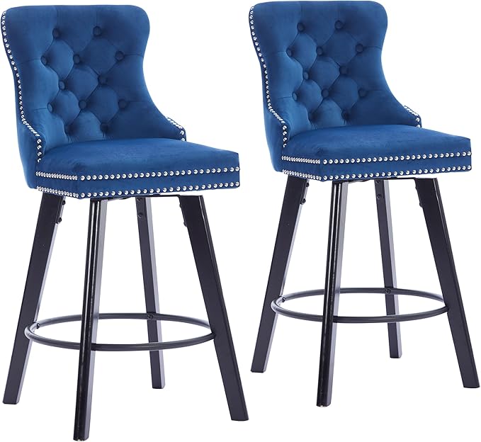 YISHENG Modern Swivel 27" H Seat Set of 6 Velvet Barstools with Backrest and Footrest,Button Tufted Rivet Trim Dining Room Chairs with Metal Pull Ring for Kitchen Island，Bistro, Home Bar，Blue