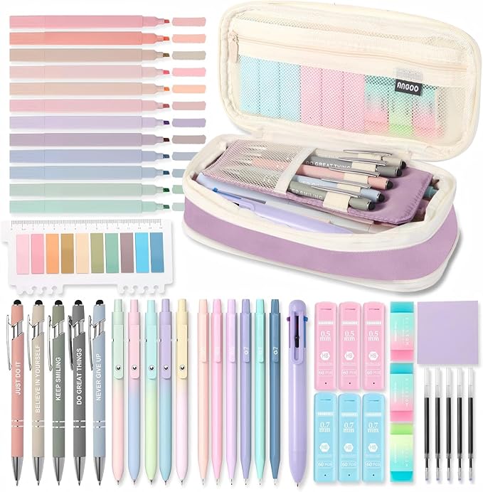 56 PCS Aesthetic School Supplies Cute Stationary Set with Large Pencil Case, Inspirational Ballpoint Pens, Highlighters, Black Ink Gel Pens,Mechanical Pencils 0.5-0.7mm, Student Essentials（purple）
