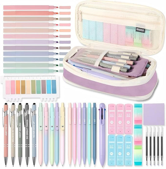 56 PCS Aesthetic School Supplies Cute Stationary Set with Large Pencil Case, Inspirational Ballpoint Pens, Highlighters, Black Ink Gel Pens,Mechanical Pencils 0.5-0.7mm, Student Essentials（purple）
