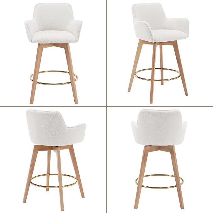 Counter Height Swivel Bar Stools, Boucle Upholstered Bar Stools with Back, Arms, Solid Wooden Legs, 26 Inch Chairs for Kitchen Island, Home Pub, Cafe, 2 Pcs, White
