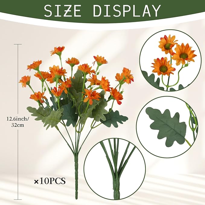 10 Bundles Artificial Mums Flowers for Fall Outdoors Planters Orange Artificial Daisy Flowers Fake Fall Mums UV Resistant Faux Silk Flowers for Home Indoor Decor Thanksgiving Window Box