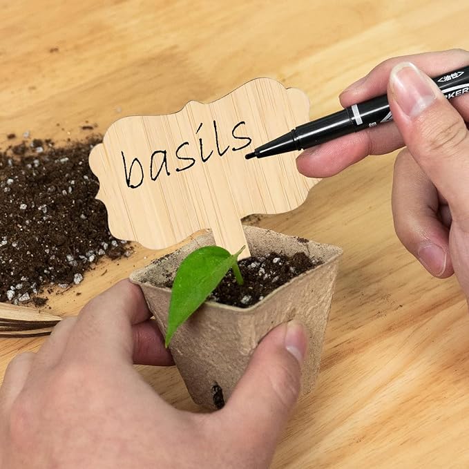 OBTANIM 75 Pack Bamboo Rectangle Plant Labels with A Marker Pen, Garden Markers Sign Plant Tags for Seedling Potted Herbs Flowers Vegetables