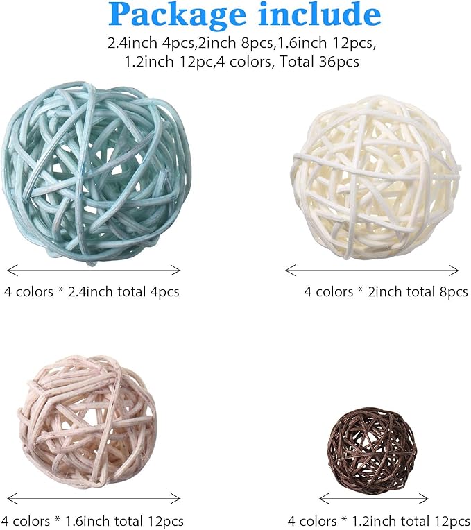 Patelai 36 Pcs Wicker Rattan Balls Decorative Balls for Vase Centerpiece Bowls Orbs Filler for Home Decor,4 Sizes(Blue, Light Brown, Dark Brown, White)