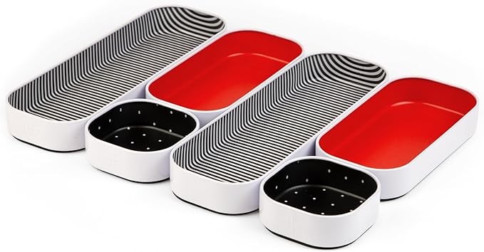 Three by Three Seattle 6 Piece Shallow Metal Organizer Tray Set for Storing Makeup, Stationery, Utensils, and More in Office Desk, Kitchen and Bathroom Drawers (1 Inch, Red Dots and Stripes)