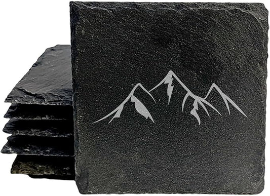 Mountain Majesty Slate Coasters with Stunning Mountain Scene Design - Perfect for Home and Office Decor and Protection of Surfaces, Available in Square or Round Coasters - Square Slate - Set of 4