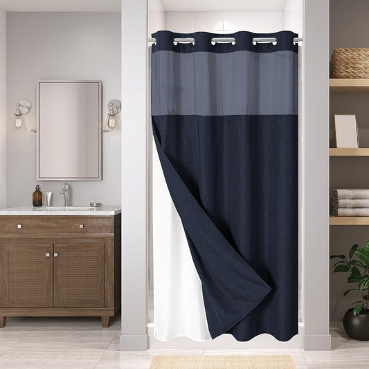 Stall No Hooks Needed Linen Textured Shower Curtain with Snap-in Fabric Liner Set,Hotel Luxury Decor Farmhouse Shower Curtains for Bathroom,Waterproof & Washable,54Wx80H,Navy Blue