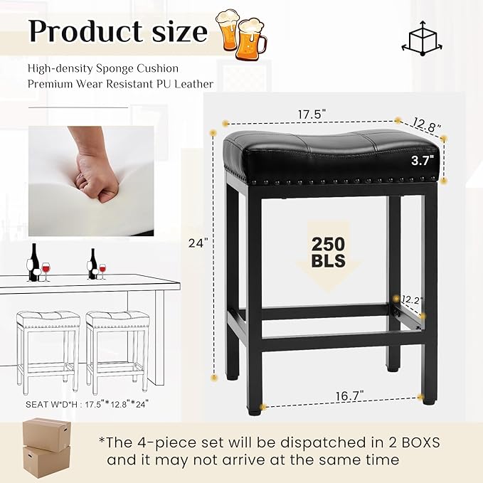 Sweetcrispy Bar Stools Set of 2, 24 Inch Counter Height Stools, PU Leather Upholstered Bar Chairs with Footrest, Modern Bar Stools for Kitchen Island, Dining, Living Room, Modern Black